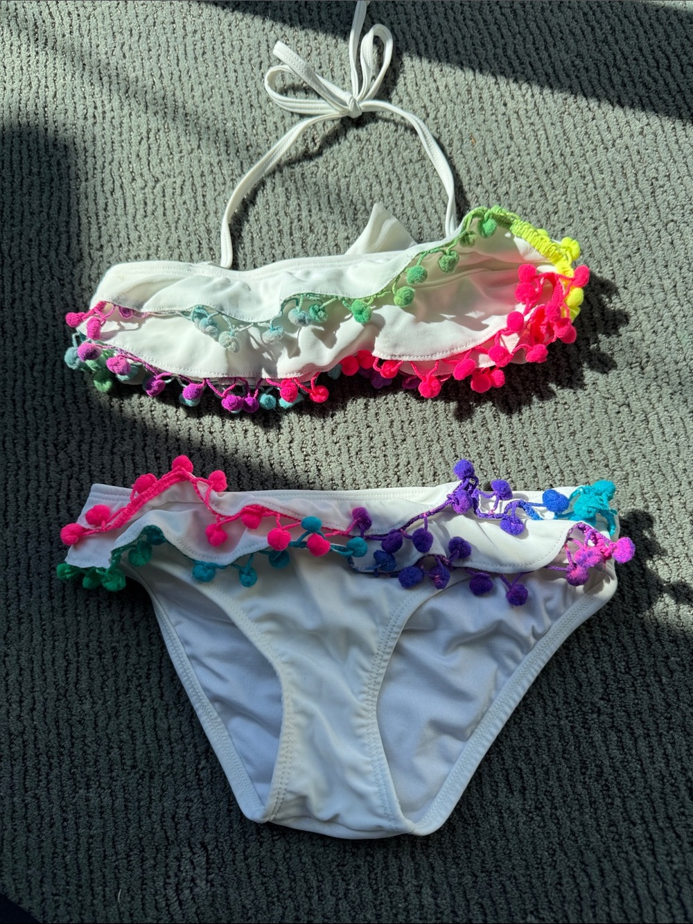 Pilyq White Girls' Bikini Set with Multicolor Pom-Pom Trim